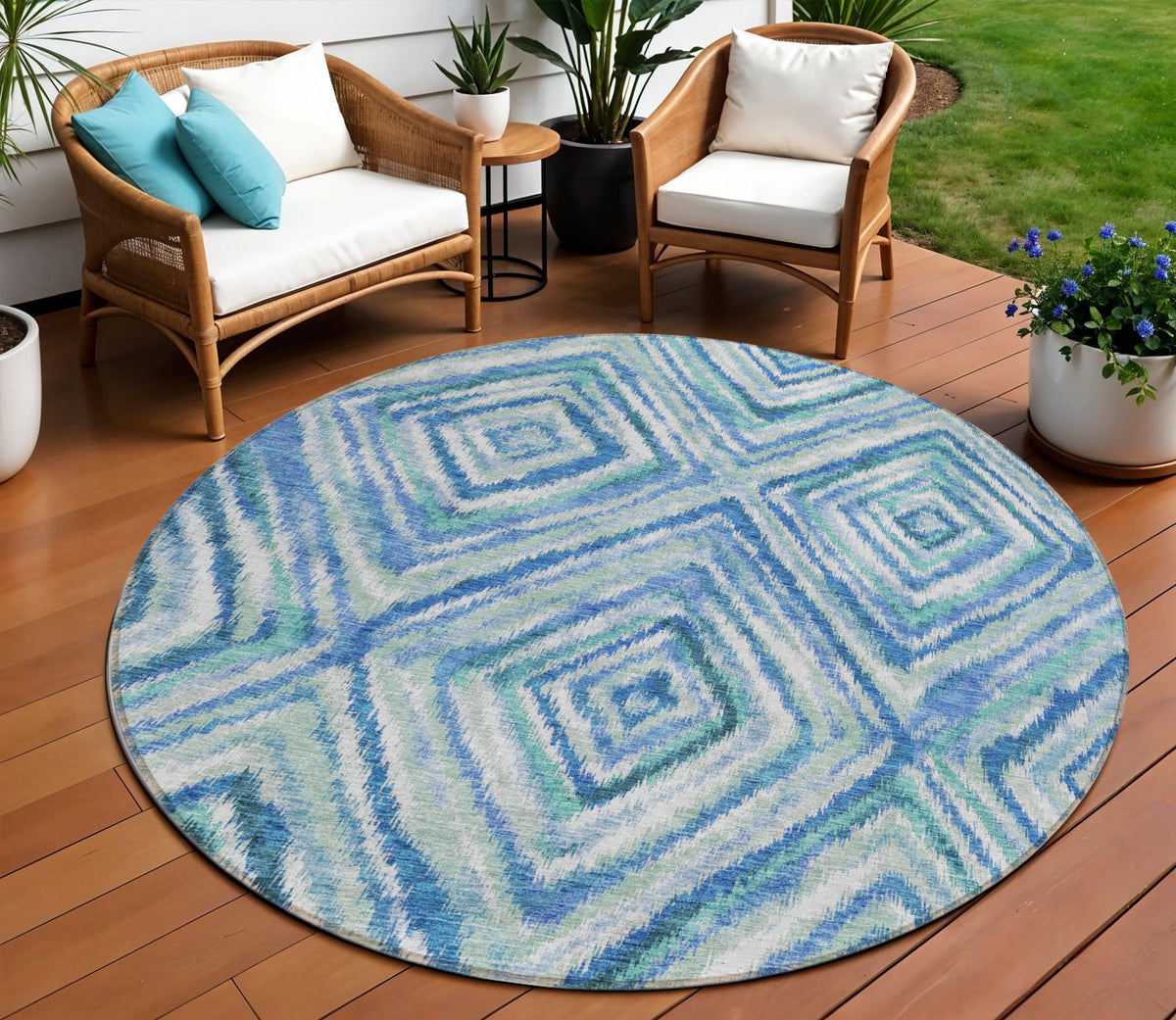 8' Denim Blue And Green Round Geometric Washable Indoor Outdoor Area Rug