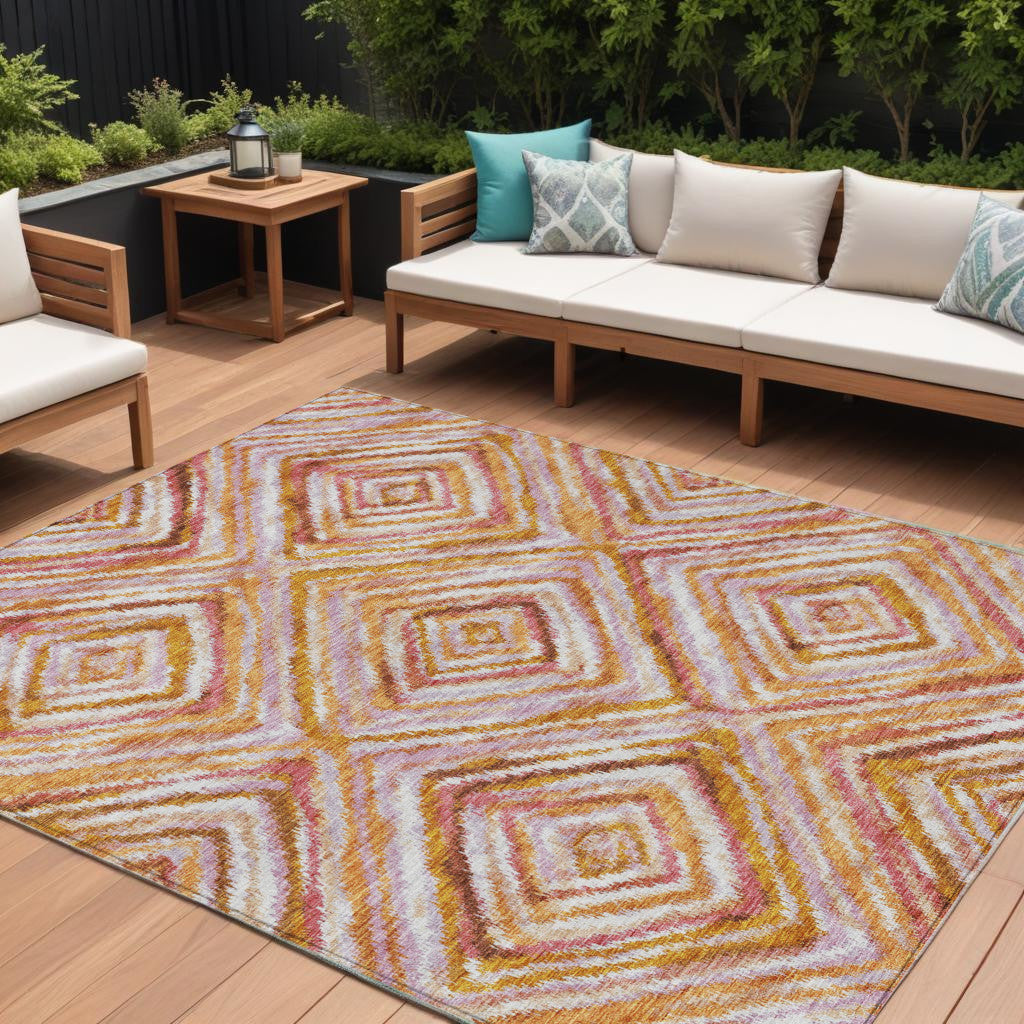 9' X 12' Orange Copper And Gold Geometric Washable Indoor Outdoor Area Rug