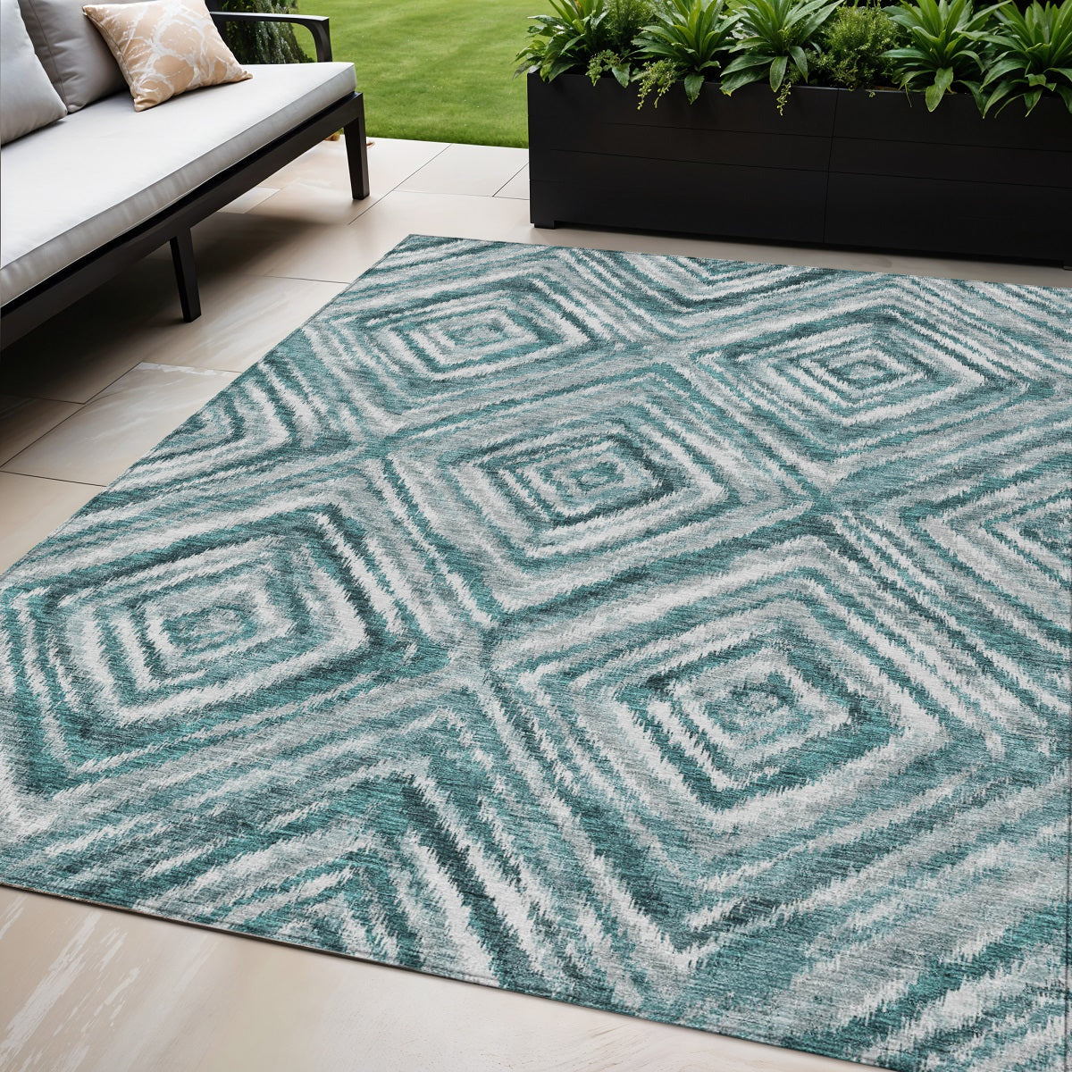 5' X 8' Teal Blue Aqua And Gray Geometric Washable Indoor Outdoor Area Rug
