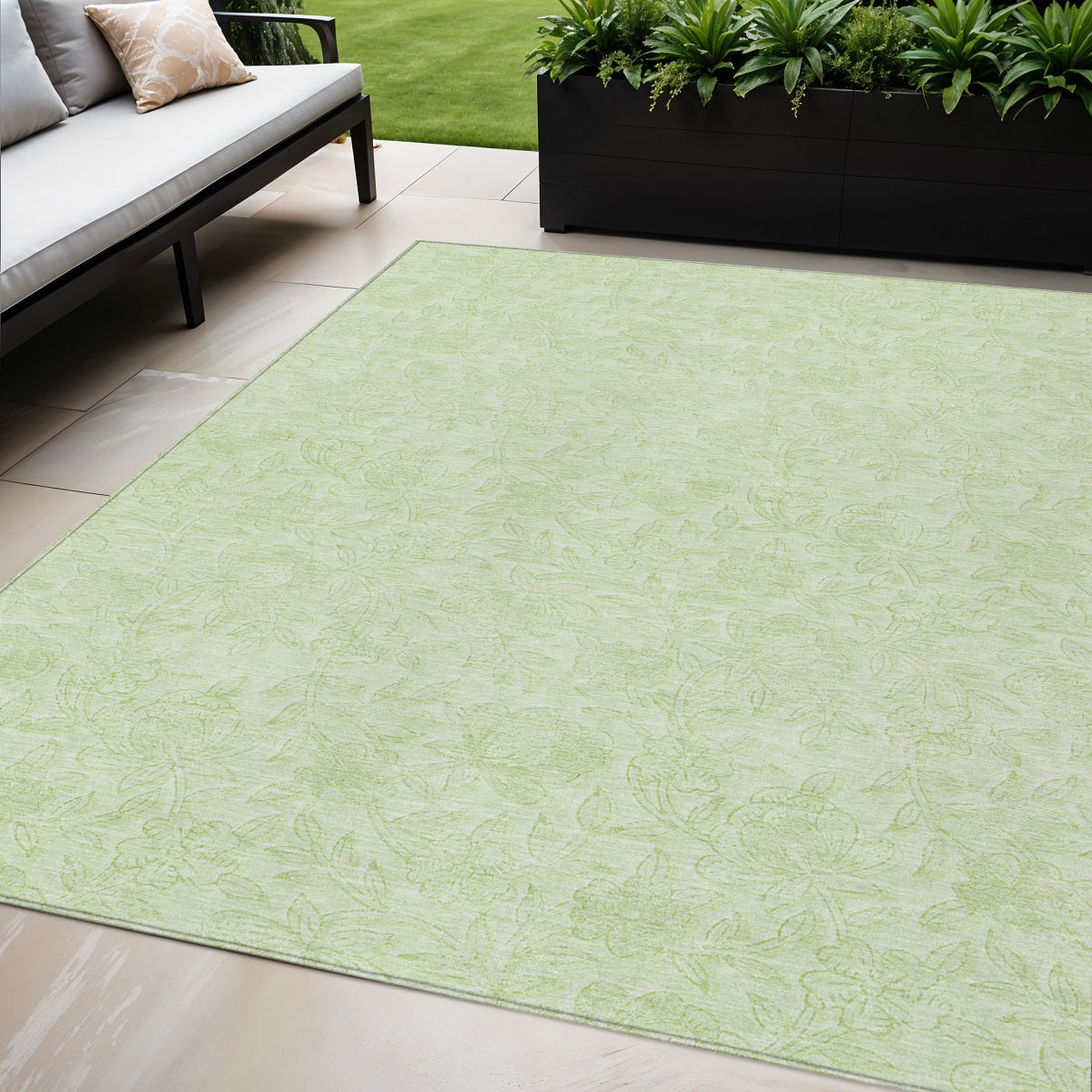 5' X 8' Artichoke Green And Mint Green Floral Washable Indoor Outdoor Area Rug