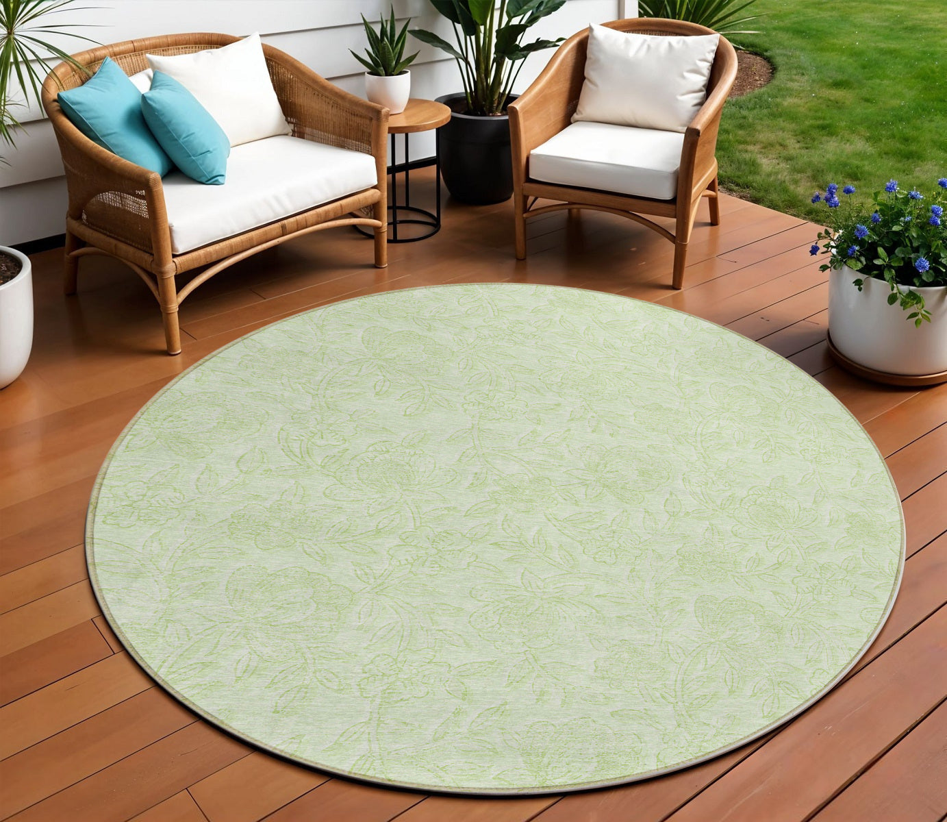 8' Artichoke Green And Mint Green Round Floral Washable Indoor Outdoor Area Rug
