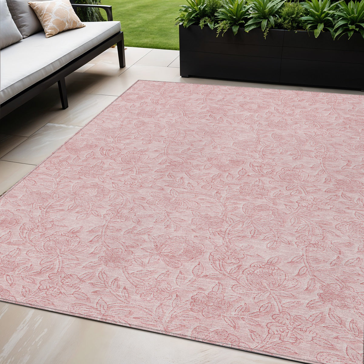 5' X 8' Pink And Red Floral Washable Indoor Outdoor Area Rug