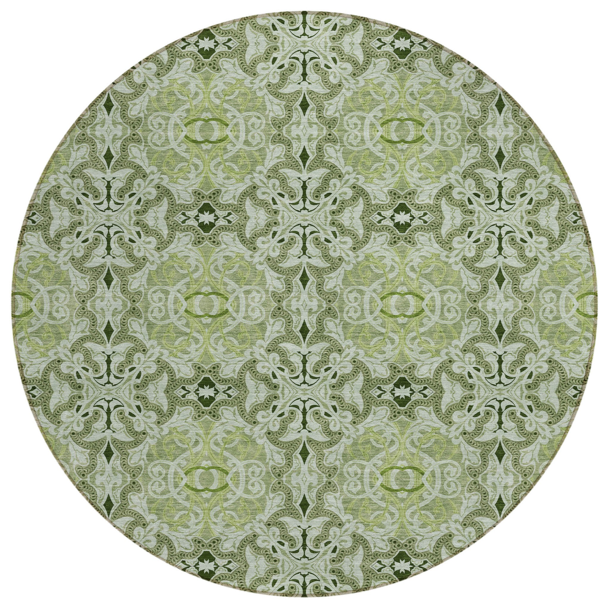 8' Artichoke Green And Fern Green Round Medallion Washable Indoor Outdoor Area Rug