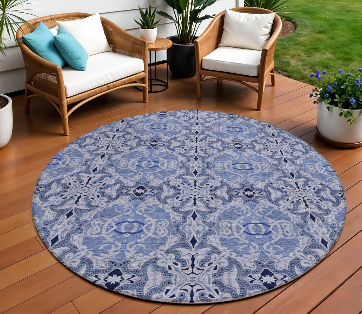 8' Navy Blue And Sky Blue Round Medallion Washable Indoor Outdoor Area Rug