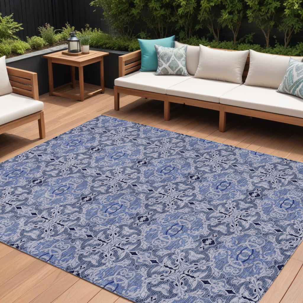 9' X 12' Navy Blue And Sky Blue Medallion Washable Indoor Outdoor Area Rug