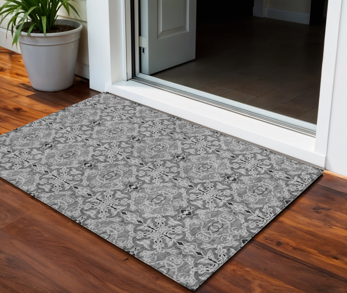 3' X 5' Gray Silver And Charcoal Medallion Washable Indoor Outdoor Area Rug