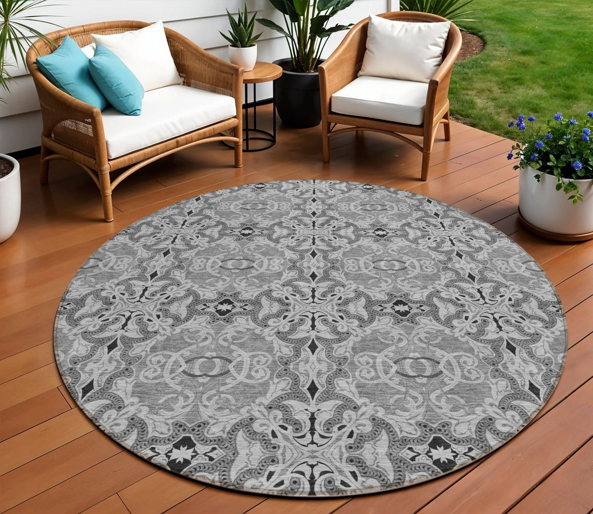 8' Gray Silver And Charcoal Round Medallion Washable Indoor Outdoor Area Rug