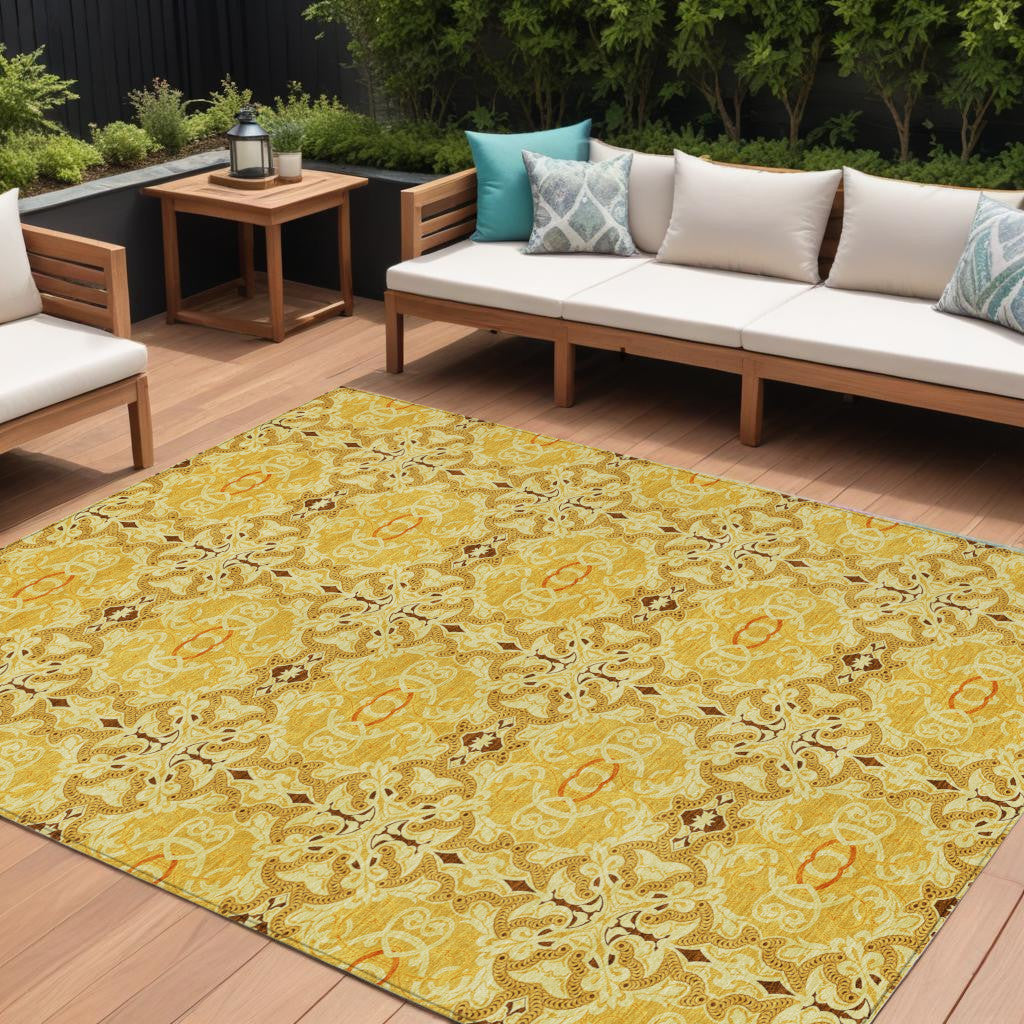 9' X 12' Orange Copper And Gold Medallion Washable Indoor Outdoor Area Rug