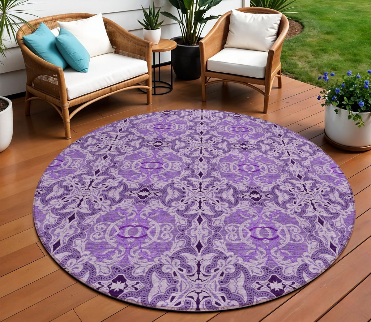 8' Purple And Lavender Round Medallion Washable Indoor Outdoor Area Rug