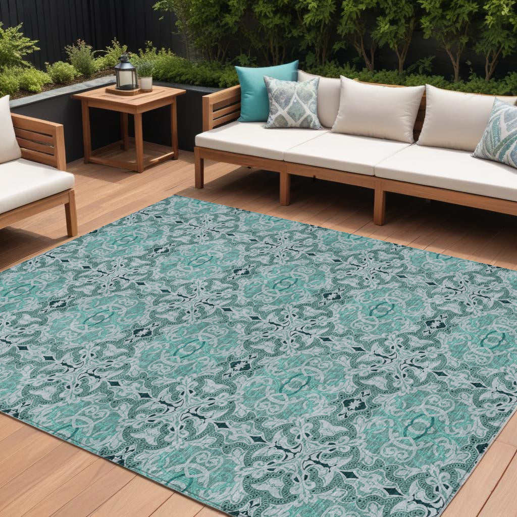 9' X 12' Teal Blue And Aqua Medallion Washable Indoor Outdoor Area Rug