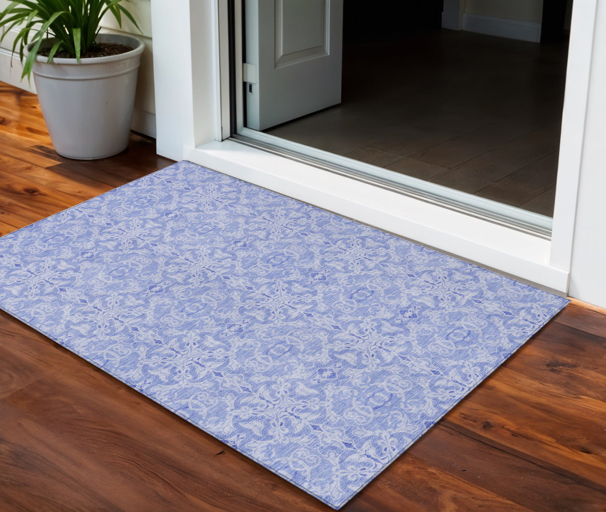 3' X 5' Sky Blue And Denim Blue Medallion Washable Indoor Outdoor Area Rug