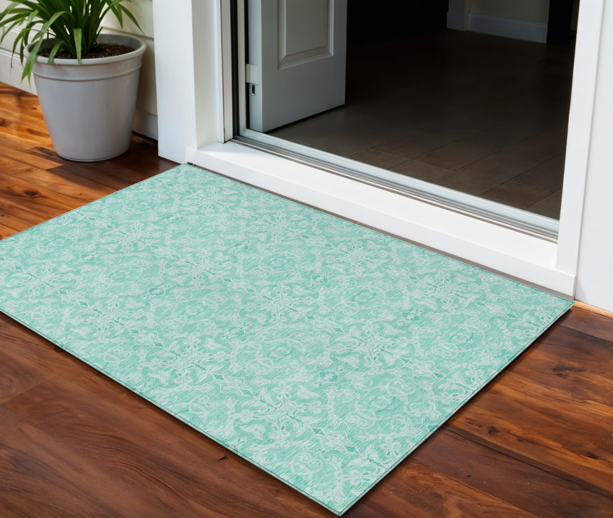 3' X 5' Turquoise And Teal Blue Medallion Washable Indoor Outdoor Area Rug