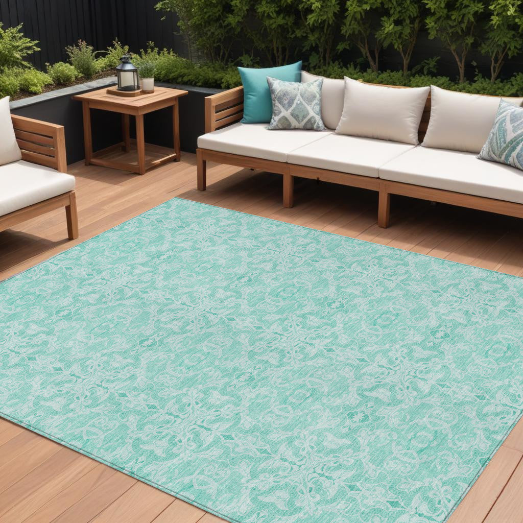 9' X 12' Turquoise And Teal Blue Medallion Washable Indoor Outdoor Area Rug