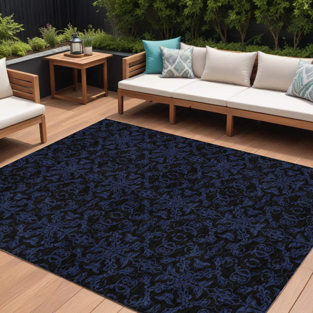 9' X 12' Blue And Navy Blue Medallion Washable Indoor Outdoor Area Rug
