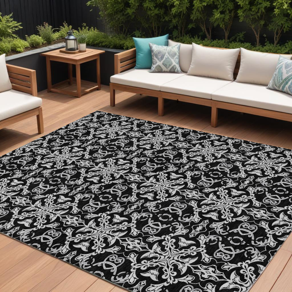 9' X 12' Ivory And Black Medallion Washable Indoor Outdoor Area Rug
