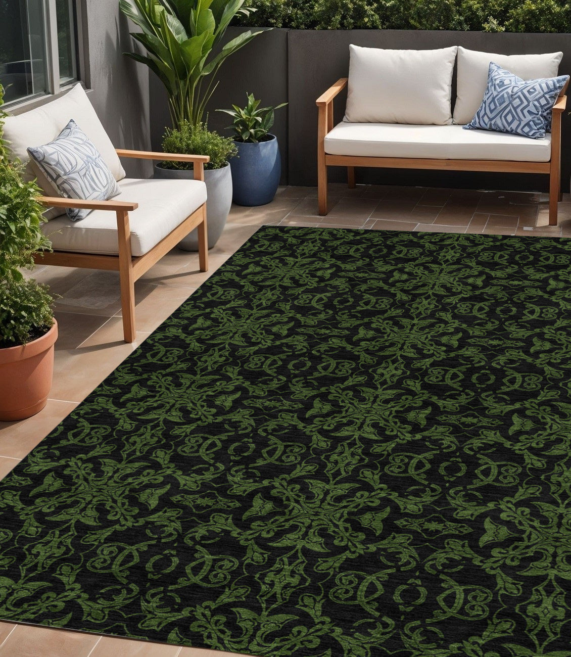 5' X 8' Olive Green And Green Medallion Washable Indoor Outdoor Area Rug