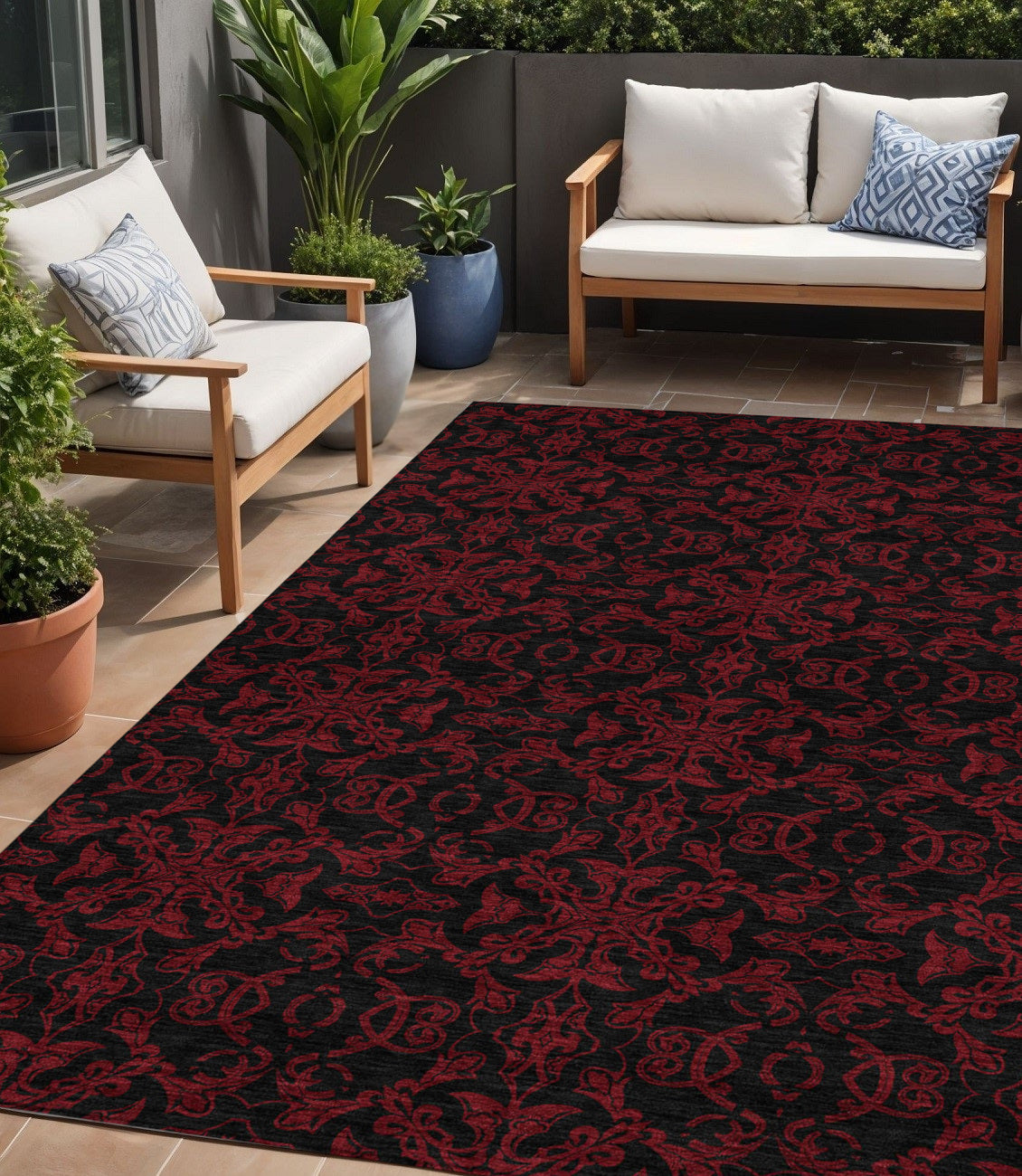 5' X 8' Red And Black Medallion Washable Indoor Outdoor Area Rug