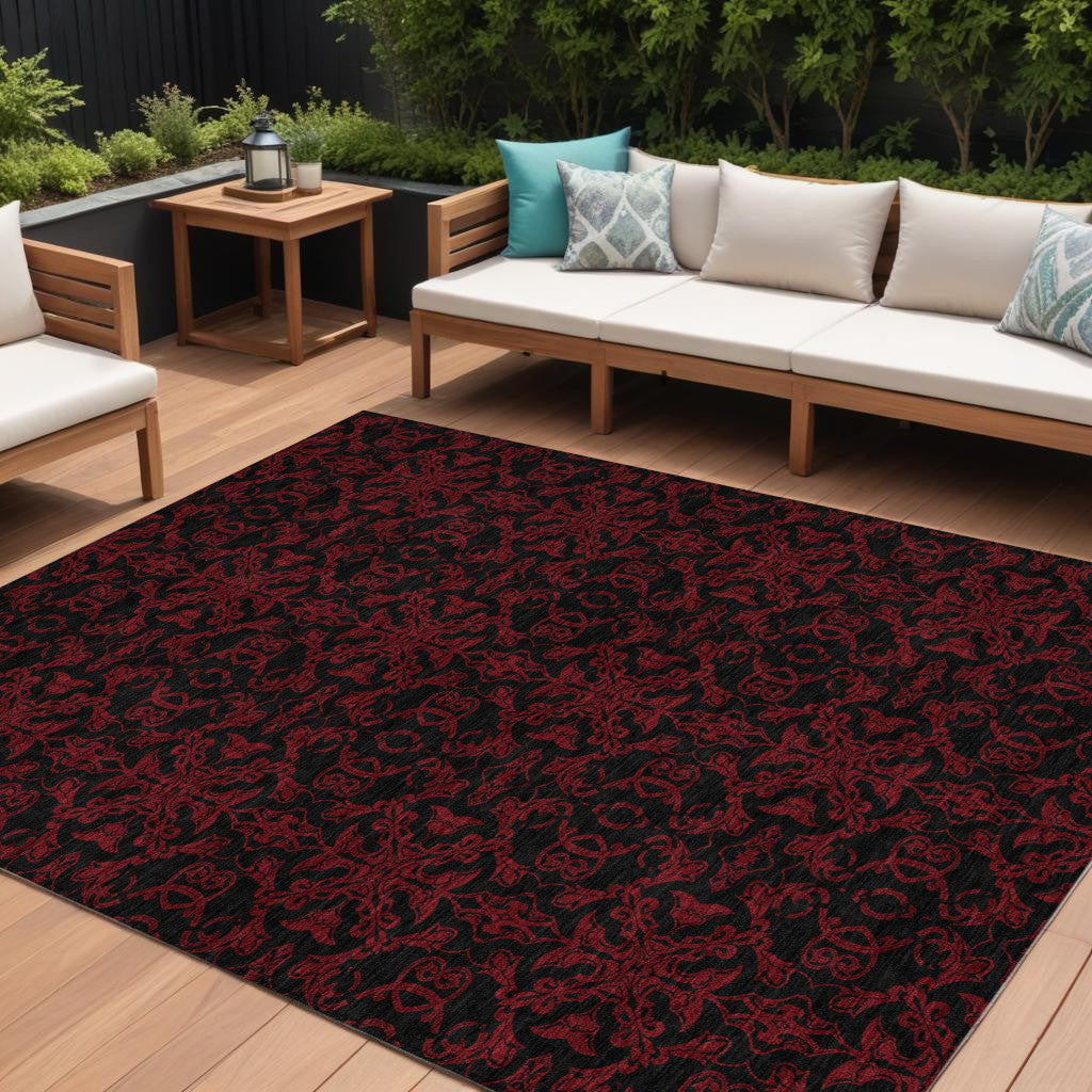 9' X 12' Red And Black Medallion Washable Indoor Outdoor Area Rug