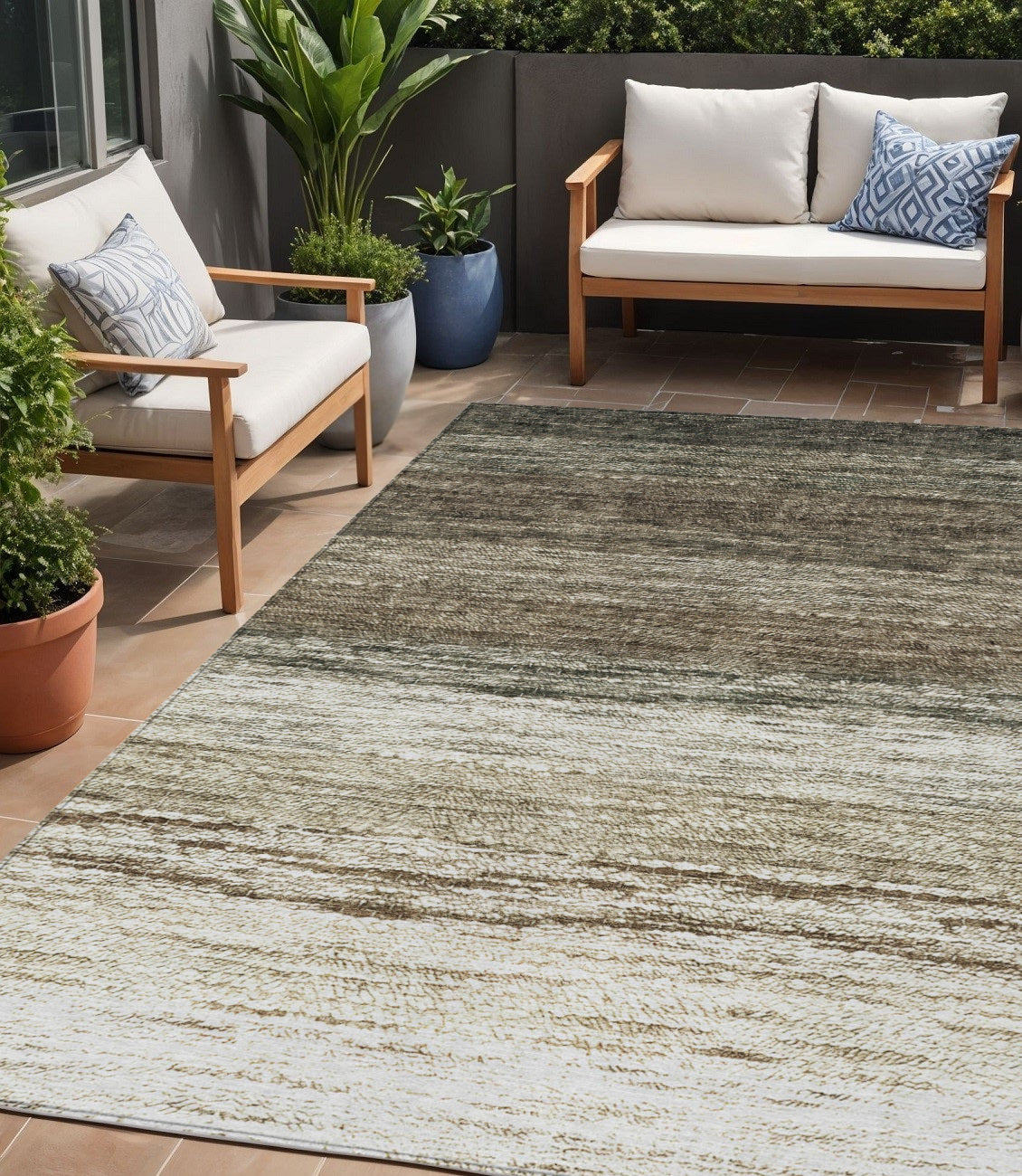 5' X 8' Brown Beige And Tan Ombre Washable Indoor Outdoor Area Rug