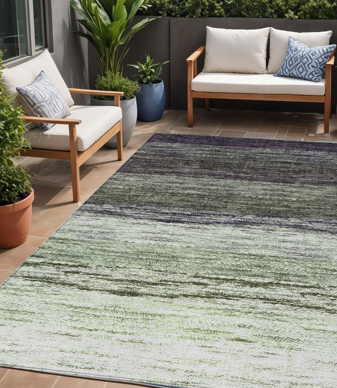 5' X 8' Green Ivory And Purple Ombre Washable Indoor Outdoor Area Rug