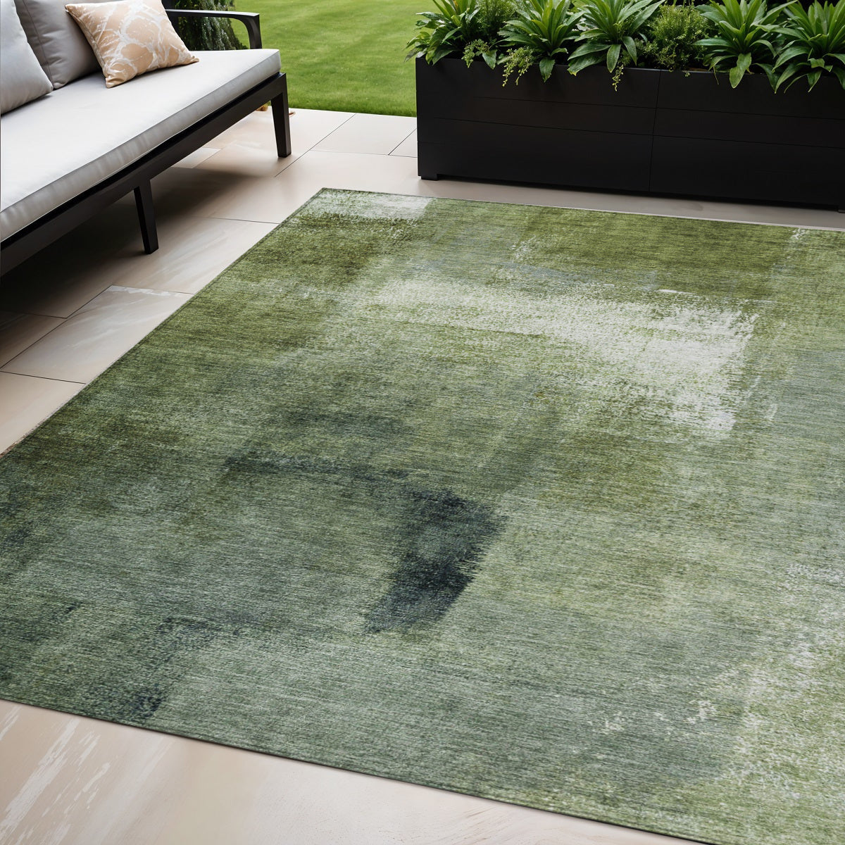 5' X 8' Artichoke Green And Sage Abstract Washable Indoor Outdoor Area Rug