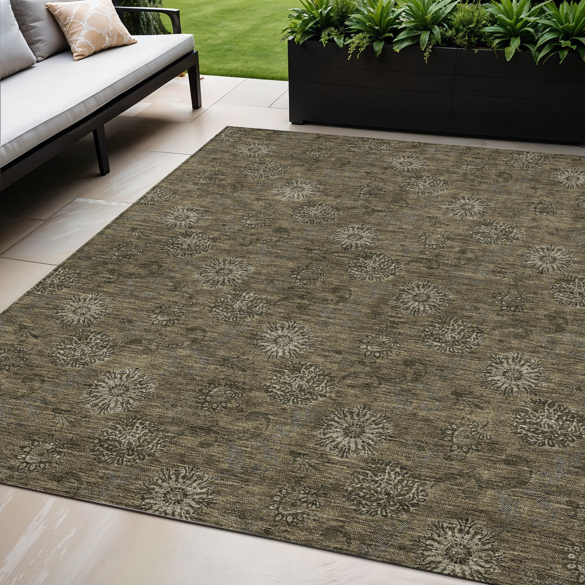 5' X 8' Brown And Beige Floral Washable Indoor Outdoor Area Rug