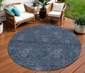 8' Blue And Navy Blue Round Floral Washable Indoor Outdoor Area Rug
