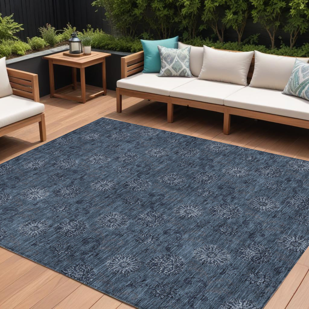 10' X 14' Blue And Navy Blue Floral Washable Indoor Outdoor Area Rug