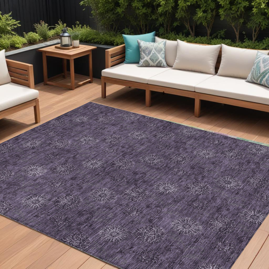 9' X 12' Eggplant And Purple Floral Washable Indoor Outdoor Area Rug