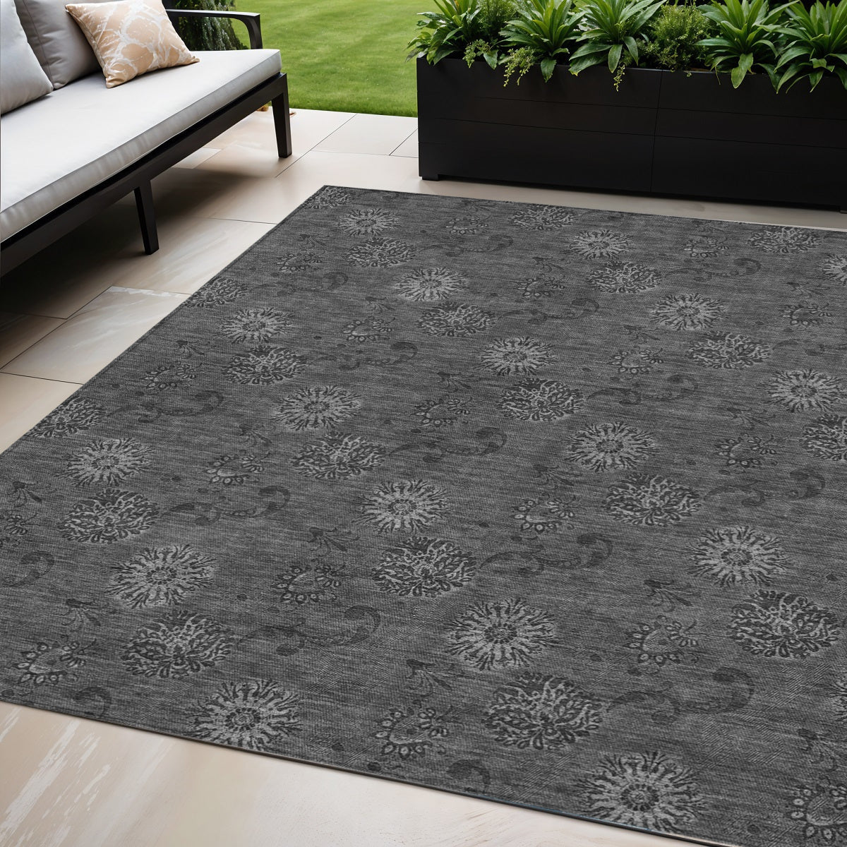 5' X 8' Gray And Charcoal Floral Washable Indoor Outdoor Area Rug