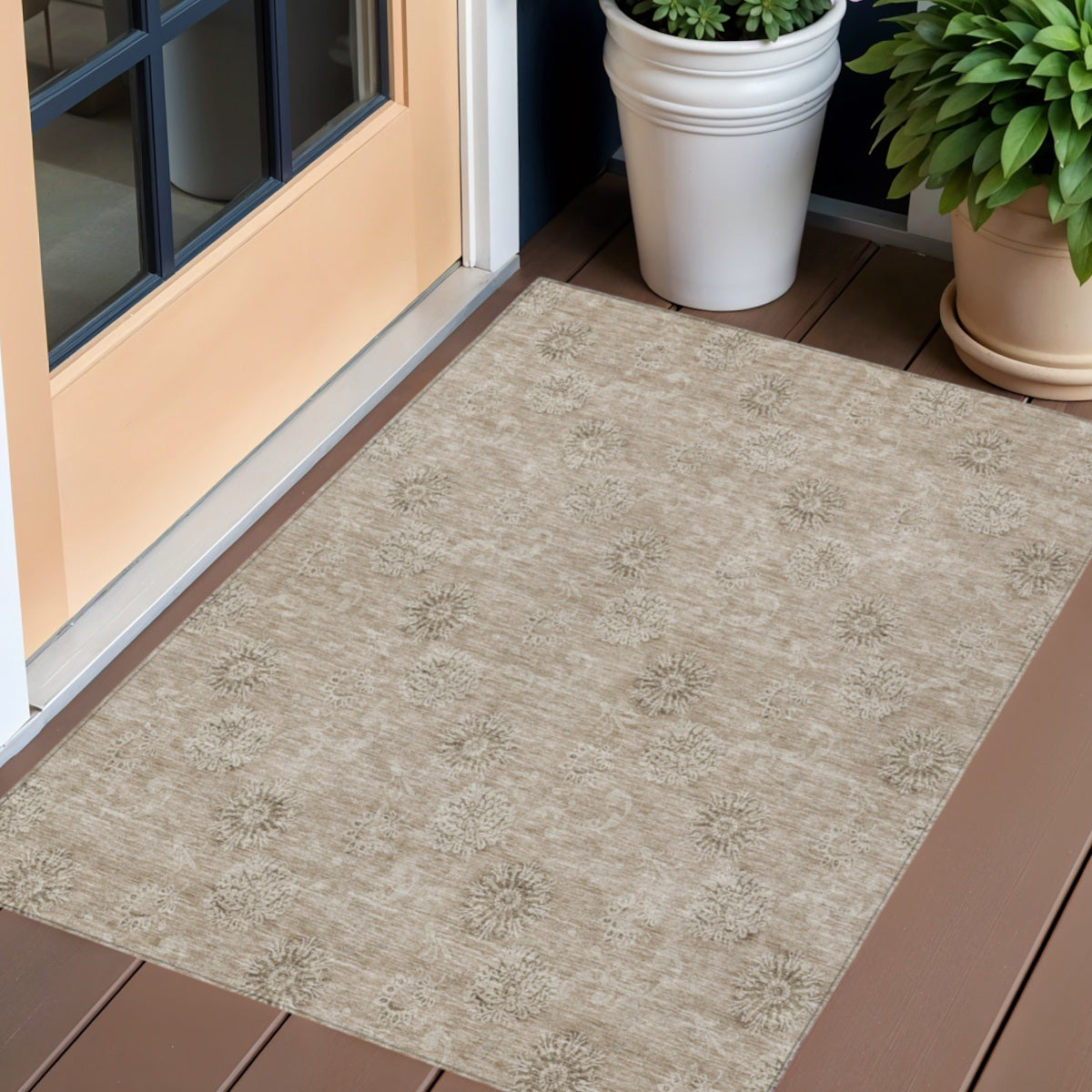 3' X 5' Khaki Beige And Tan Floral Washable Indoor Outdoor Area Rug
