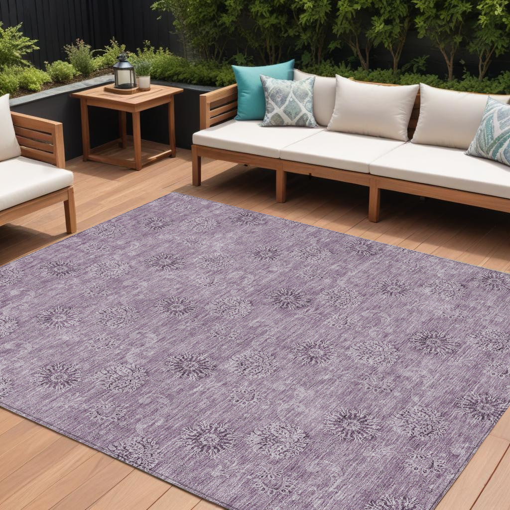 10' X 14' Plum And Purple Floral Washable Indoor Outdoor Area Rug