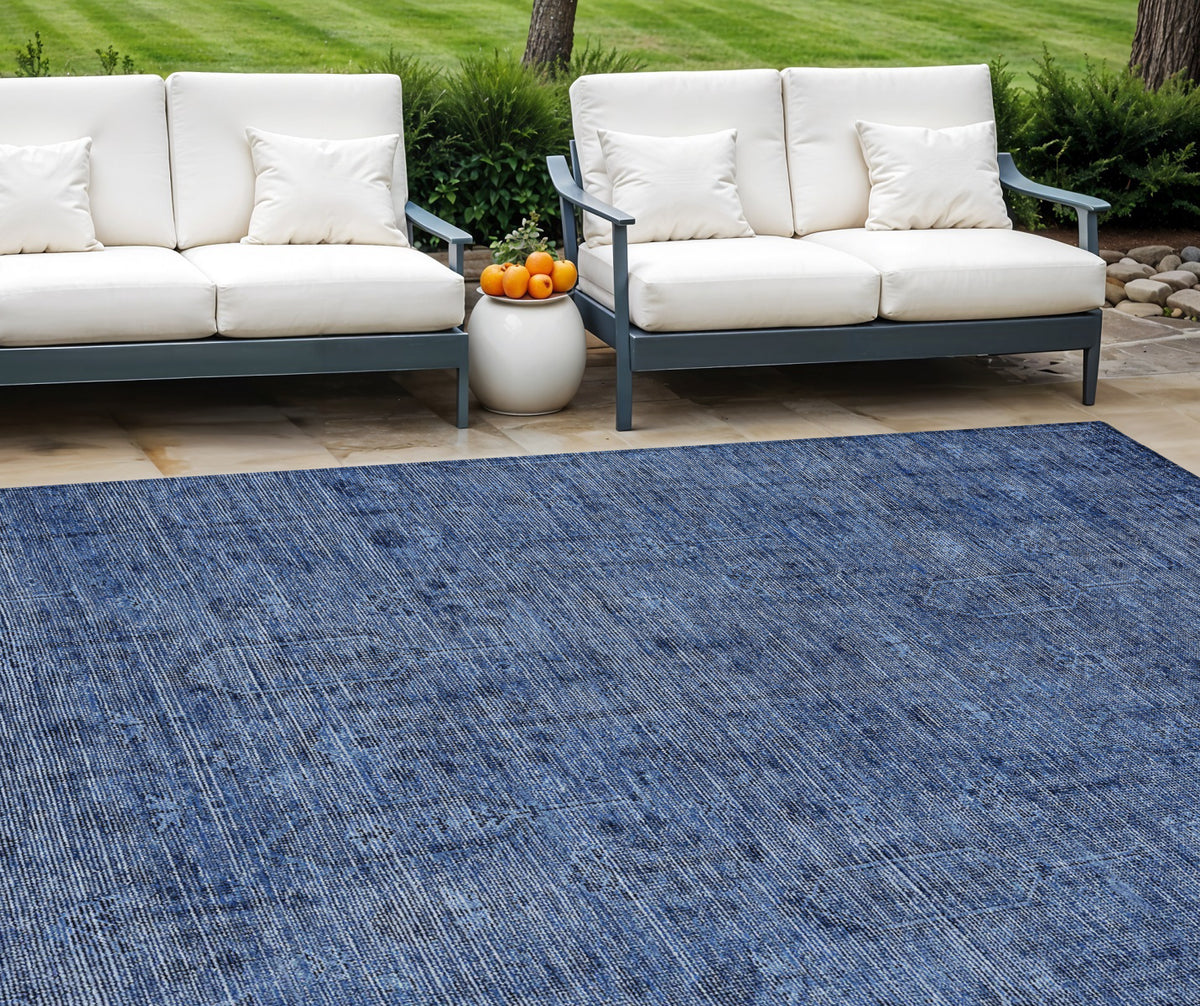 9' X 12' Navy Blue And Blue Southwestern Washable Indoor Outdoor Area Rug