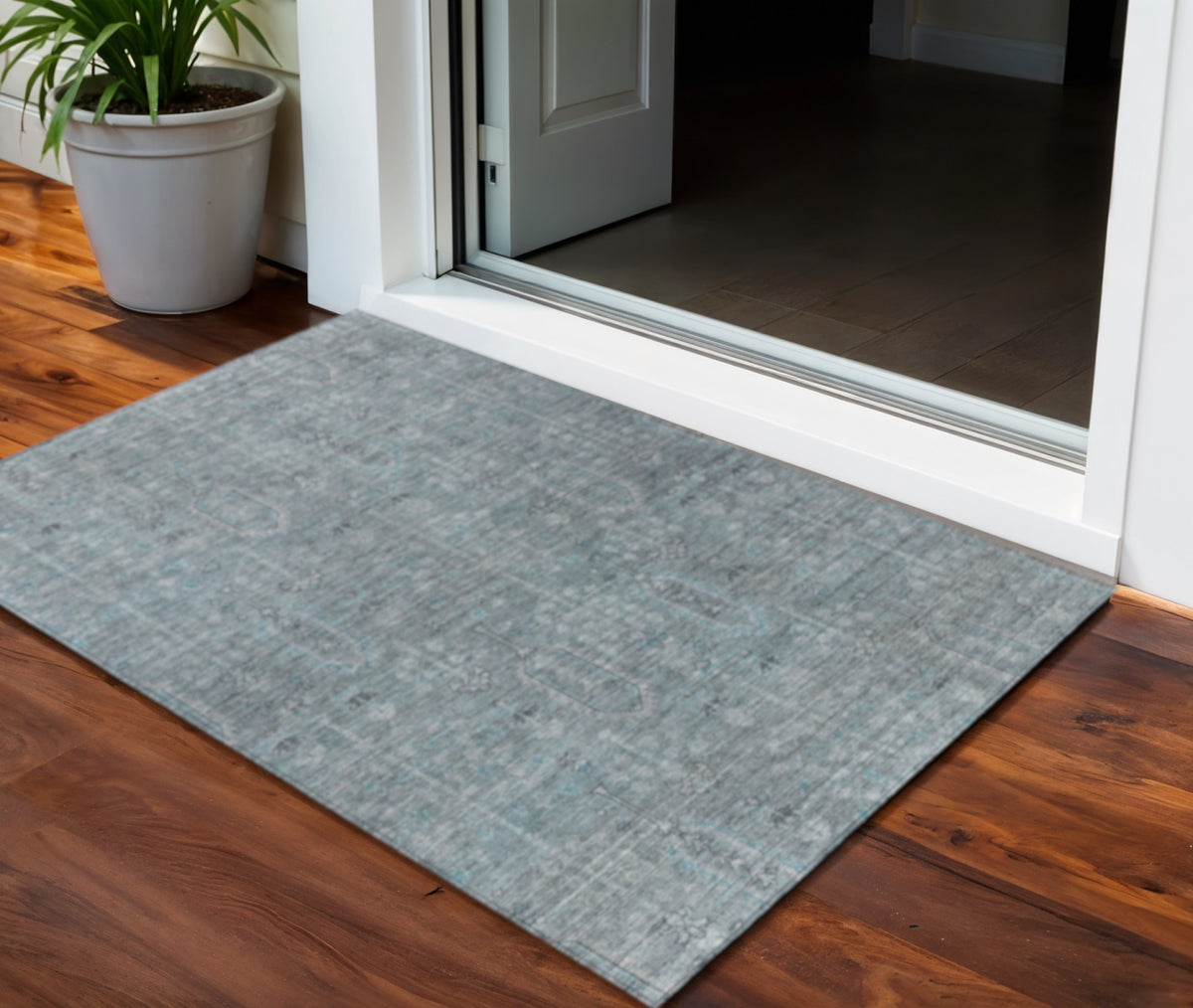 3' X 5' Teal Blue And Gray Southwestern Washable Indoor Outdoor Area Rug