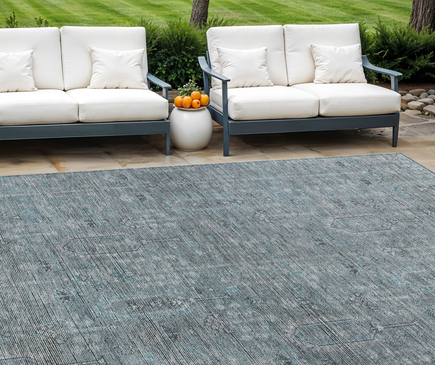 10' X 14' Teal Blue And Gray Southwestern Washable Indoor Outdoor Area Rug