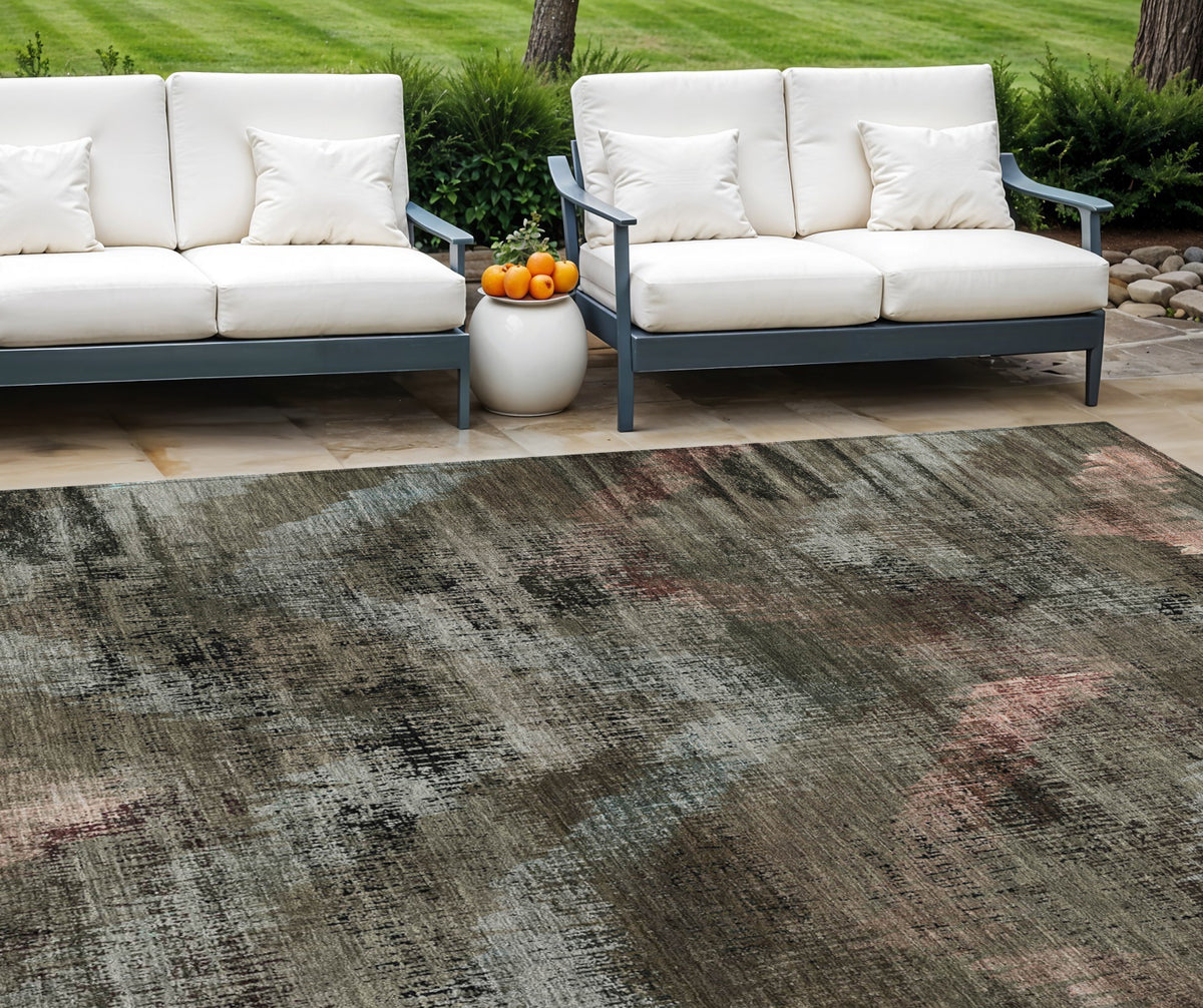 9' X 12' Brown Taupe And Salmon Abstract Washable Indoor Outdoor Area Rug