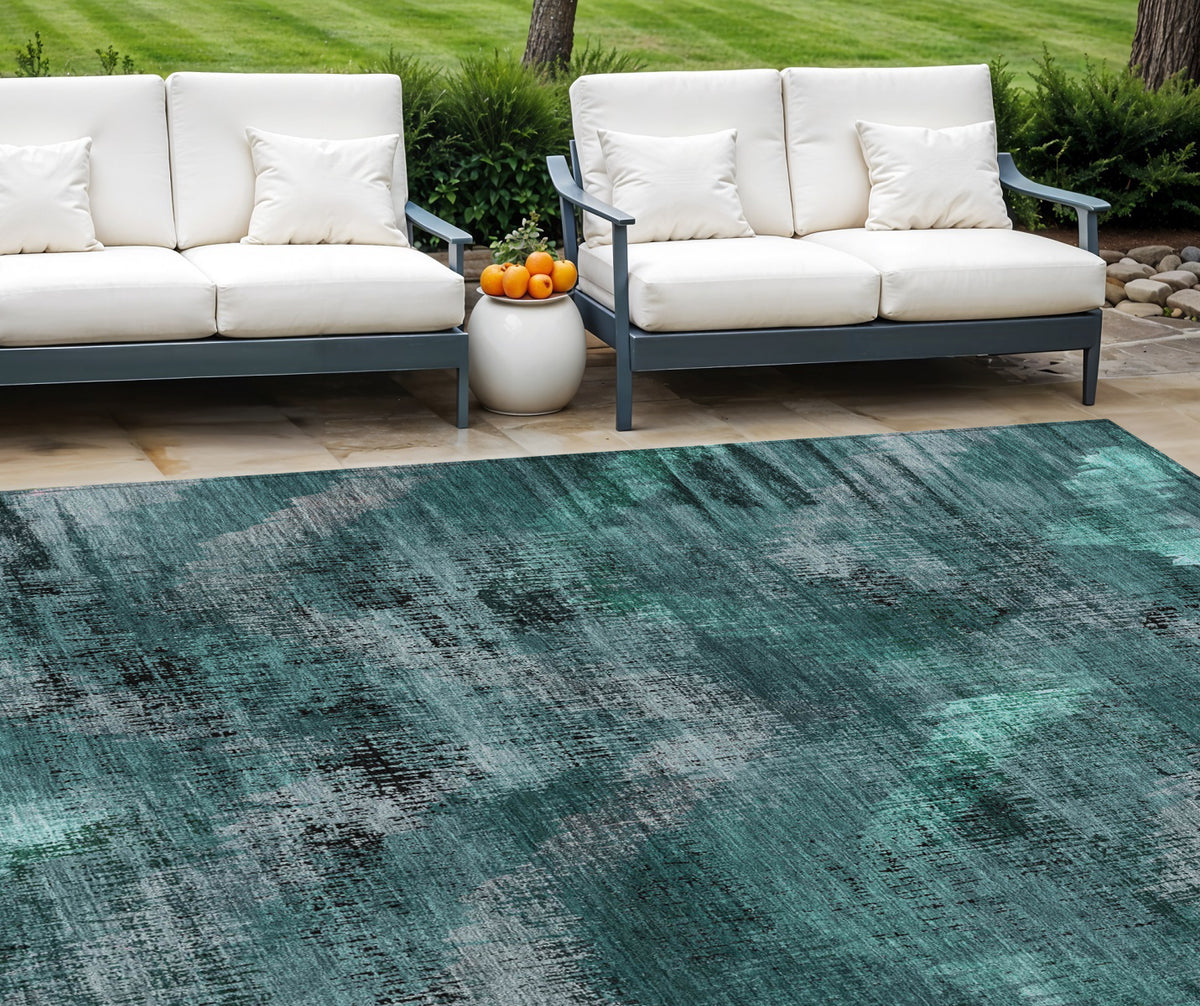 10' X 14' Fern Green And Emerald Abstract Washable Indoor Outdoor Area Rug