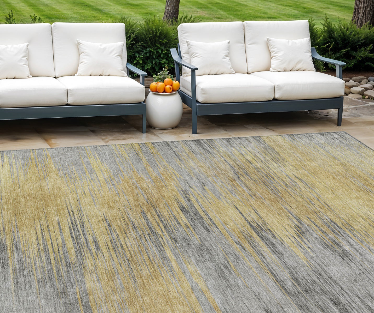 9' X 12' Gold Gray And Charcoal Abstract Washable Indoor Outdoor Area Rug