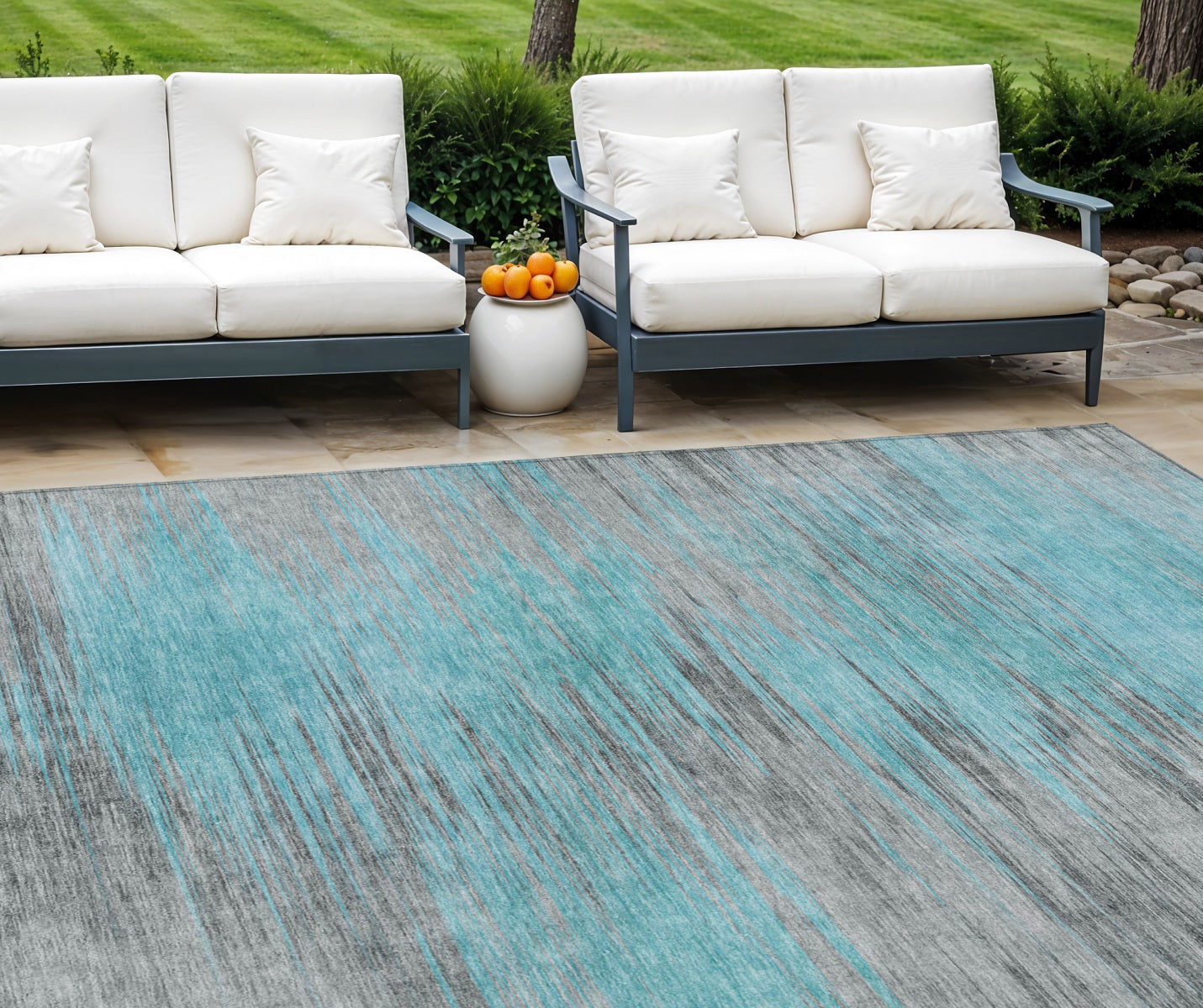 8' X 10' Teal Blue Charcoal And Gray Abstract Washable Indoor Outdoor Area Rug