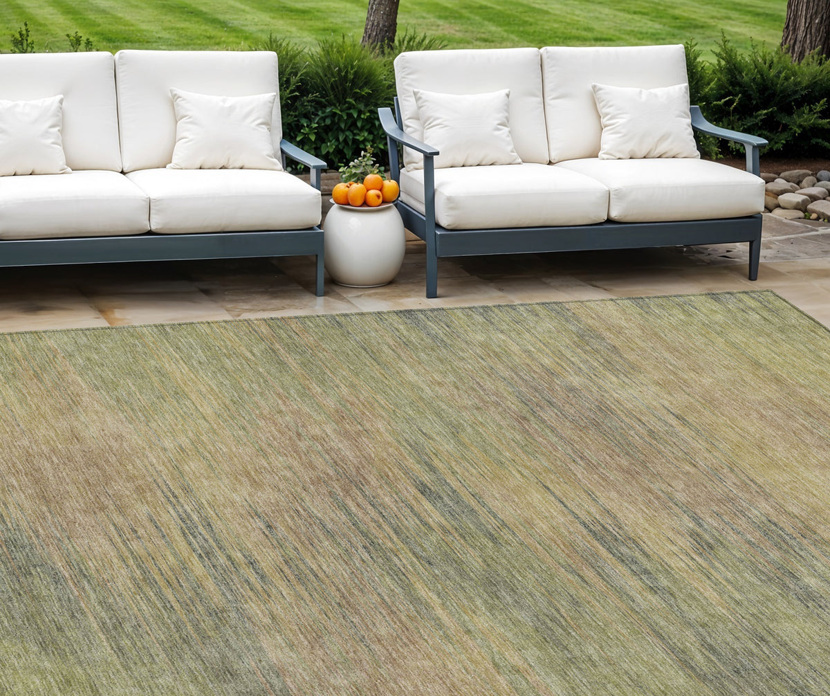 9' X 12' Artichoke Green Fern Green And Gold Abstract Washable Indoor Outdoor Area Rug