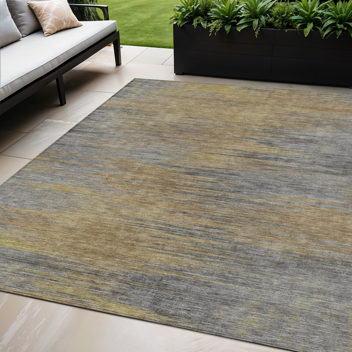 5' X 8' Brown Gold And Taupe Abstract Washable Indoor Outdoor Area Rug
