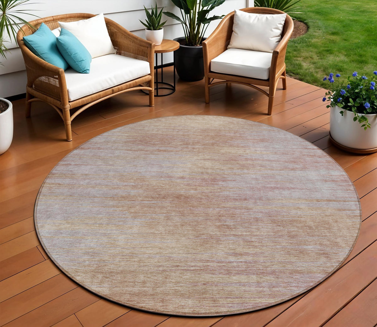 8' Merlot And Beige Round Abstract Washable Indoor Outdoor Area Rug