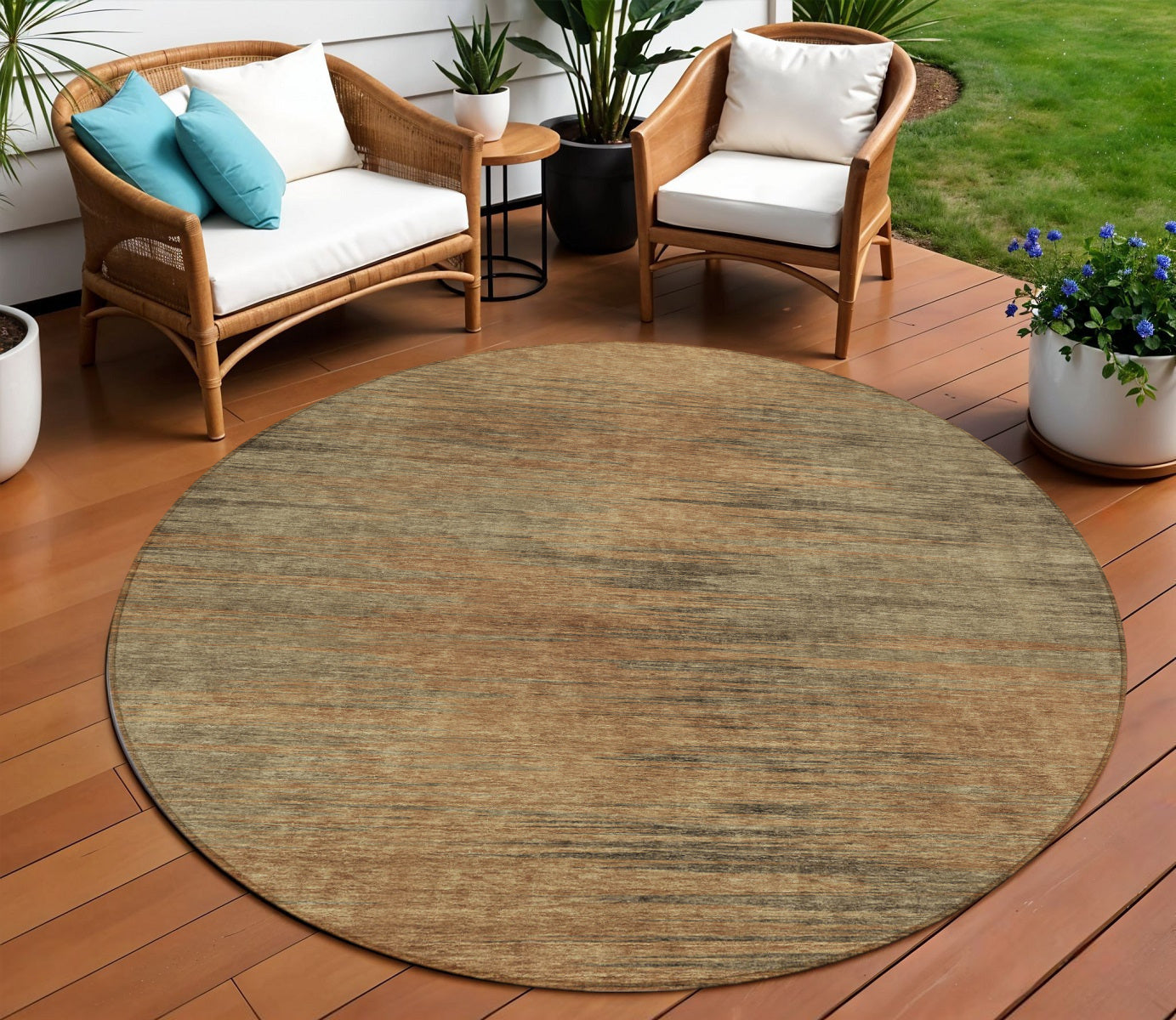 8' Terra Cotta Brown And Copper Round Abstract Washable Indoor Outdoor Area Rug