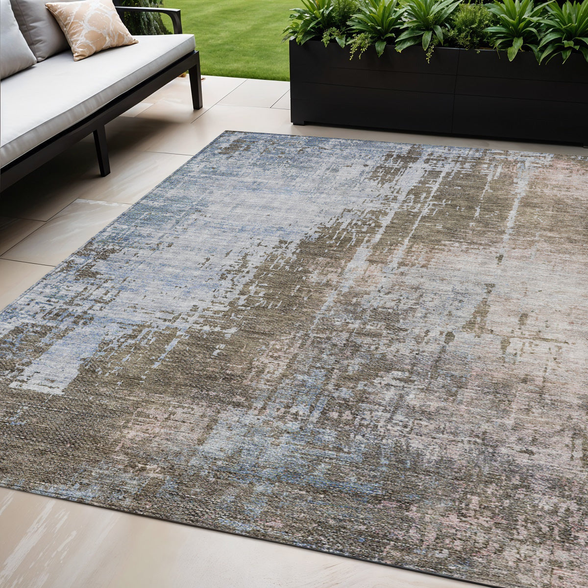 5' X 8' Brown Taupe And Navy Blue Abstract Washable Indoor Outdoor Area Rug