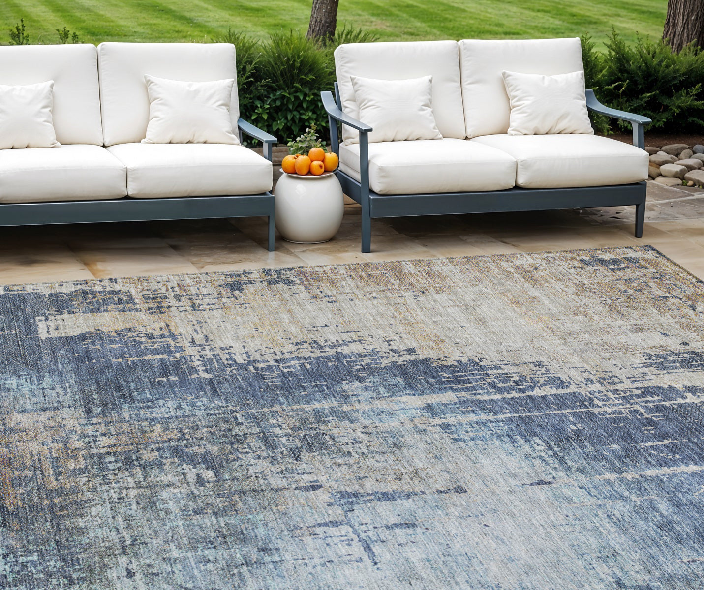 8' X 10' Navy Blue And Taupe Abstract Washable Indoor Outdoor Area Rug
