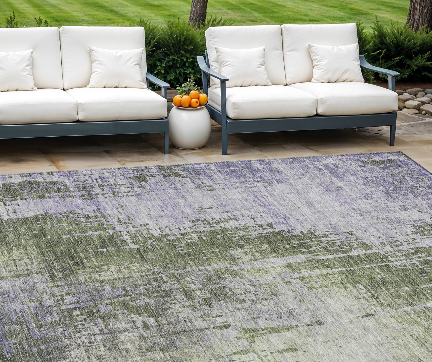 9' X 12' Olive Green And Purple Abstract Washable Indoor Outdoor Area Rug