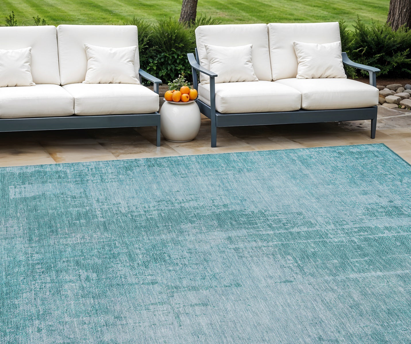 9' X 12' Aqua Teal Blue And Gray Abstract Washable Indoor Outdoor Area Rug