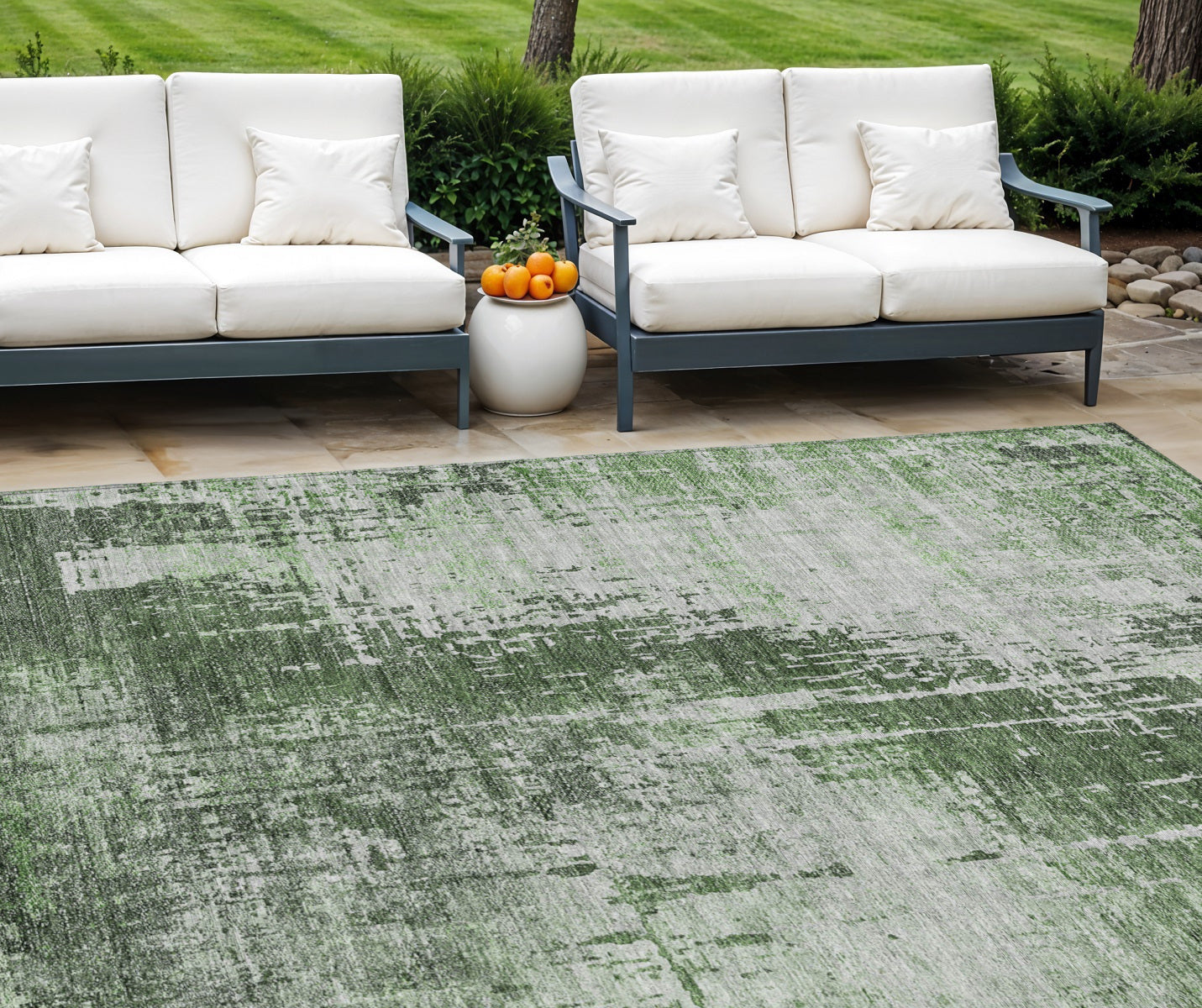 9' X 12' Fern Green And Green Abstract Washable Indoor Outdoor Area Rug