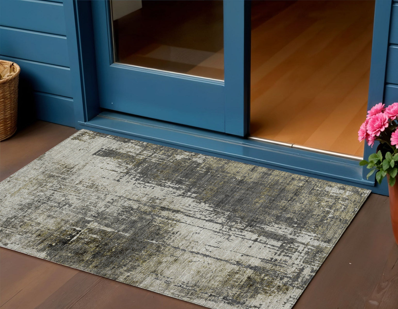 3' X 5' Taupe Beige And Olive Green Abstract Washable Indoor Outdoor Area Rug