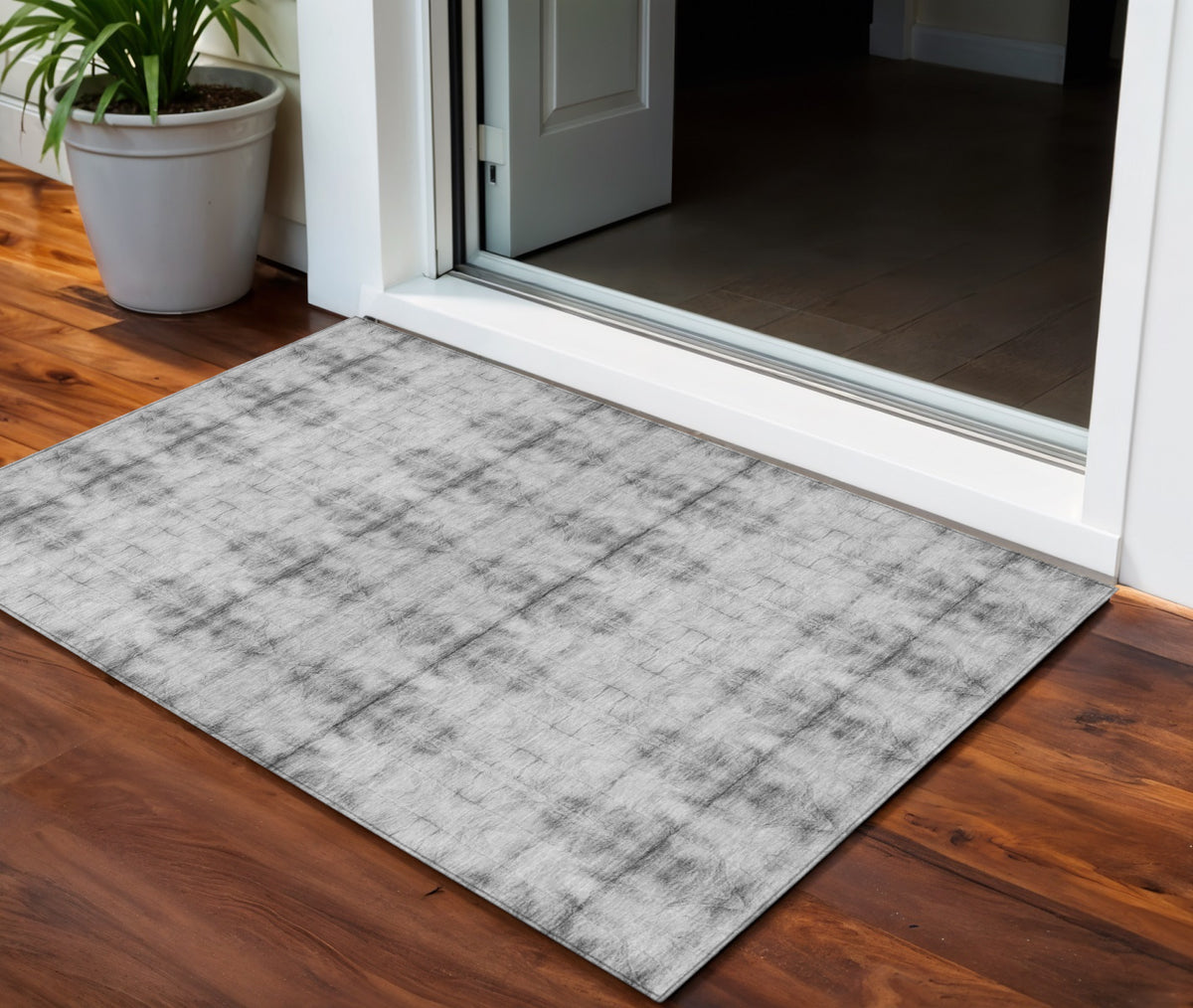 3' X 5' Silver And Gray Geometric Washable Indoor Outdoor Area Rug